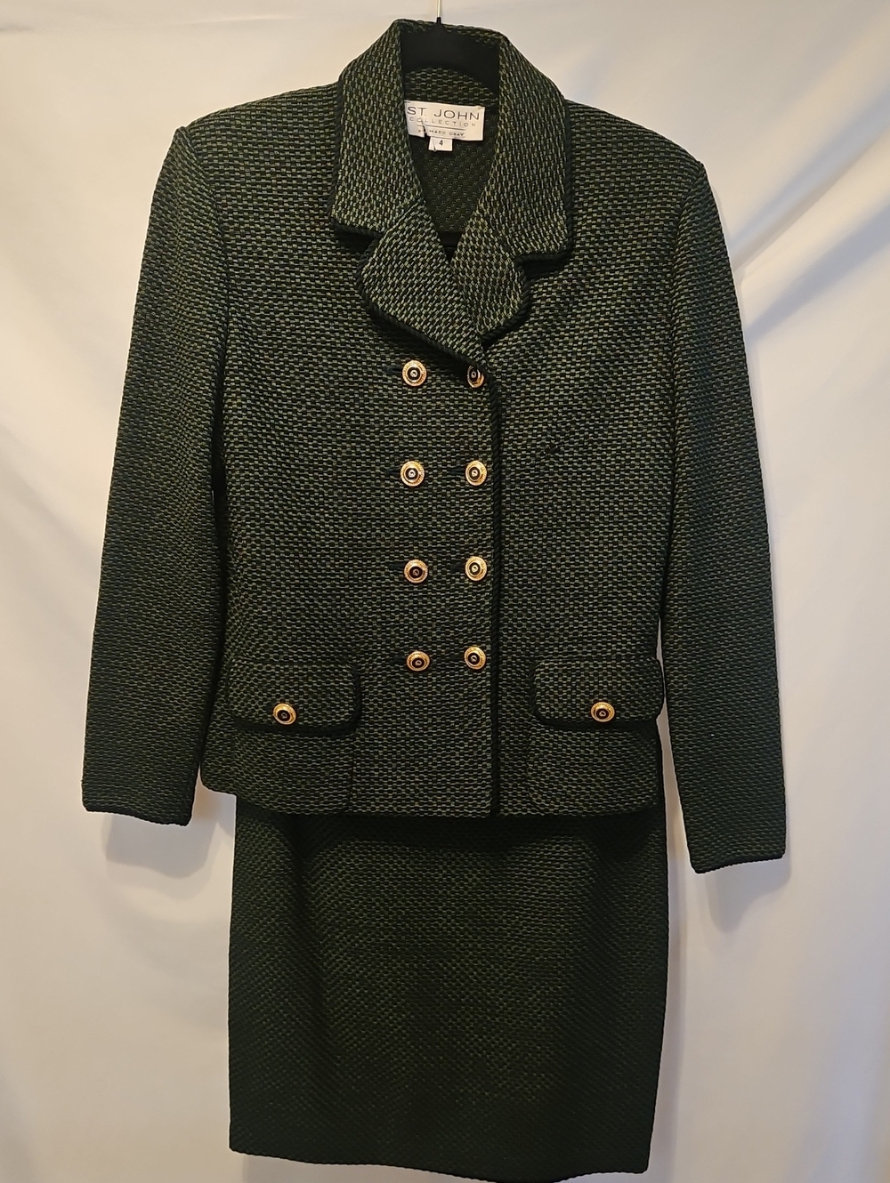 St John Collection Womens 4 Green Santana Knit Skirt Suit Gold Button Jacket